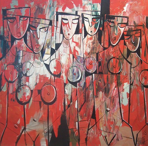 Row of outlined women against a red background