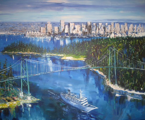 Suspension bridge with a ship below