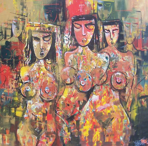 Figures layered over a textured warm background