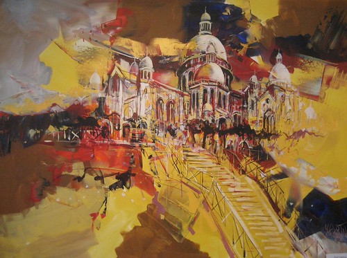 Domed basilica above steps in golden light