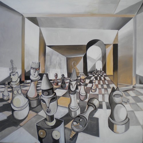 Large white chess pieces in a perspective interior