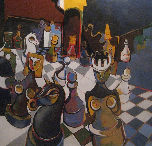 Rounded chess figures above a black and white board