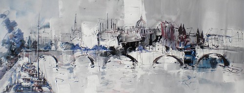 Pale city buildings with dark marks and reflections
