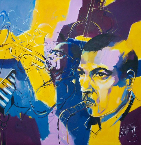 Group of musician portraits in blue and yellow