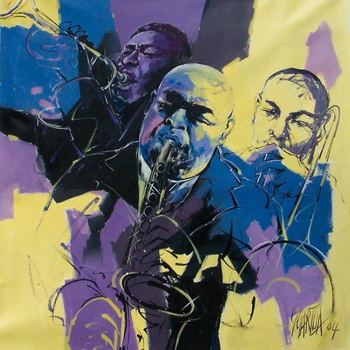 Saxophonist and musician portraits in purple and yellow