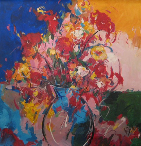 Red and white flowers with looping blue stems