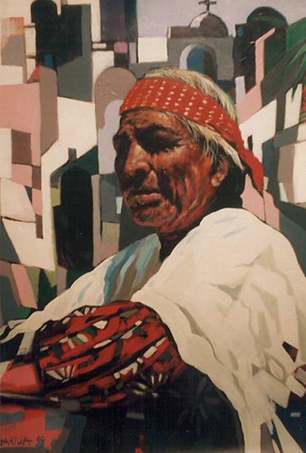 Seated man against geometric architecture