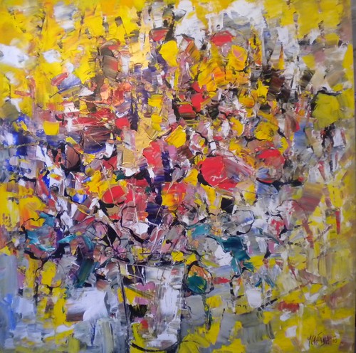 Dense abstract flowers in yellow, purple and red