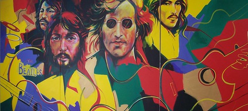Four musician portraits in a colourful composition