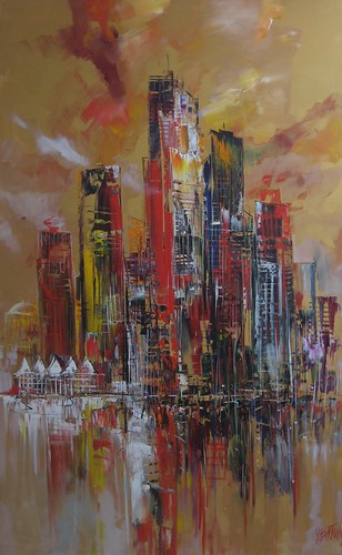 Warm-coloured towers with harbour reflections