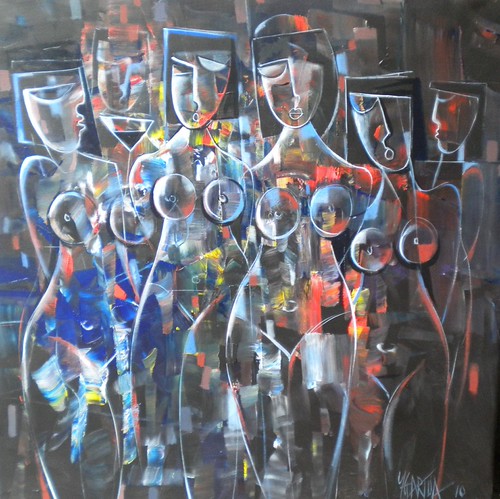 Outlined figures in blue and red