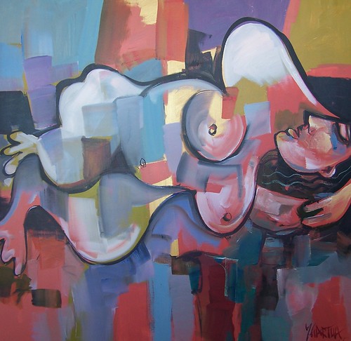 Reclining figure among blue and muted red forms