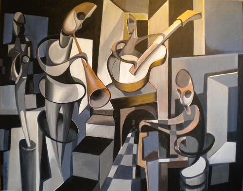 Geometric musicians above a chequered floor