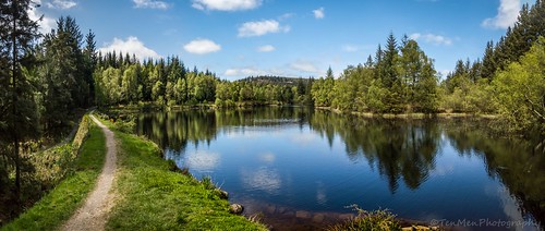 loch lake panorama scenery landscape clouds path water reflection trees scotland