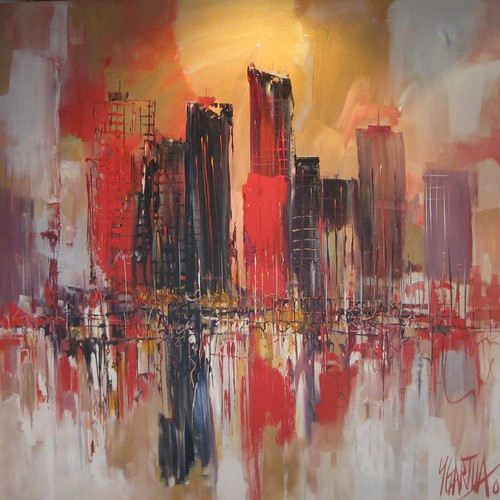 Dark city towers beneath an orange sky