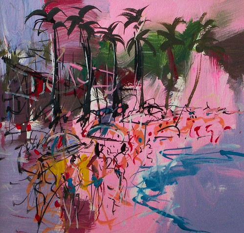 Palm trees beside pink and turquoise waterfront marks