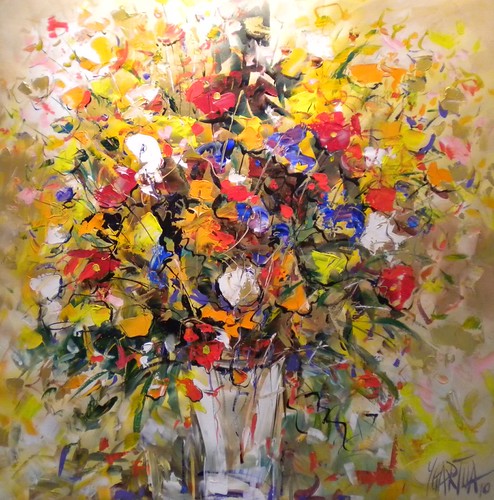 Dense multicoloured flowers on yellow