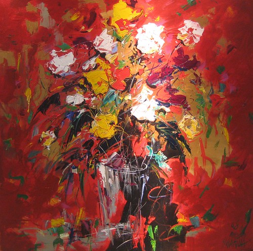 White and yellow flowers against vivid red