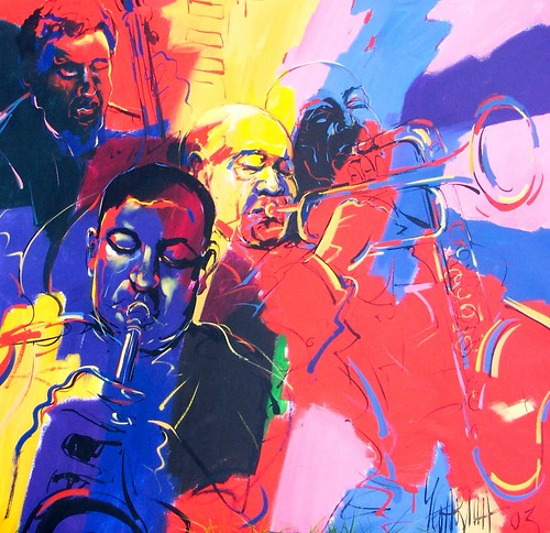 Saxophonist surrounded by vivid blue, pink and yellow strokes