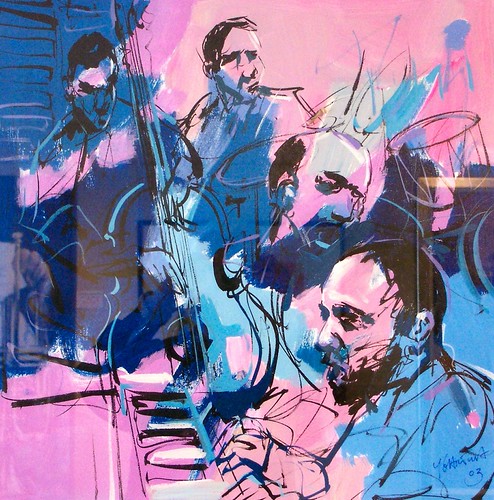 Group of musicians painted in blue and pink