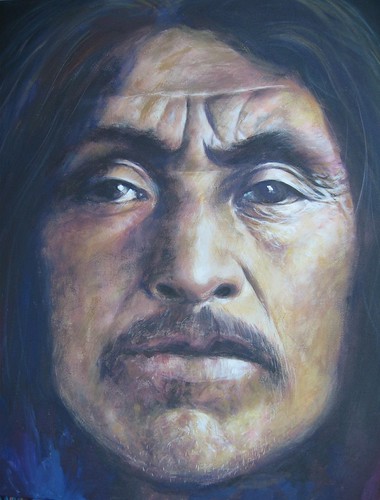 Portrait emerging from a dark blue background