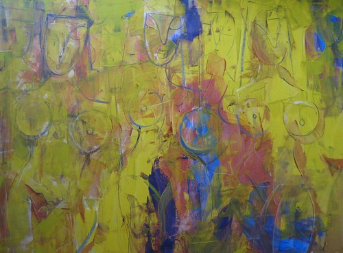 Faint figures amid yellow-green and blue marks