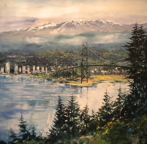 Harbour and mountains framed by trees