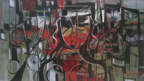 Angular faces and torsos in dark red and grey