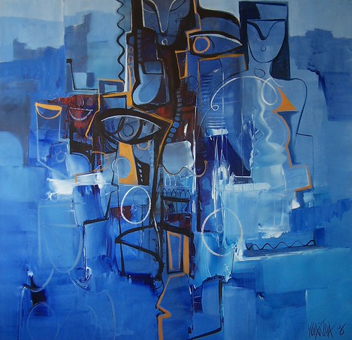 Tall outlined figure in dark blue and pale blue