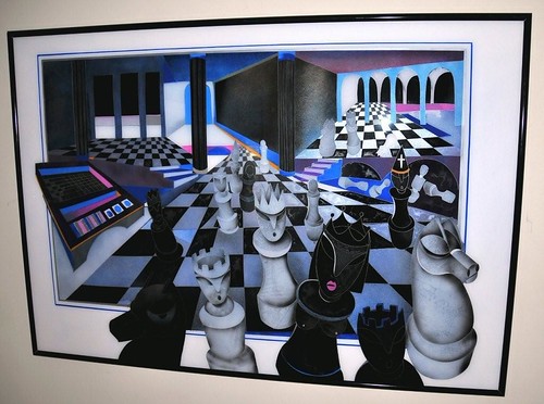 Framed chess scene with large pieces and deep perspective