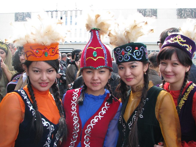 Group of Kazakh girls in national costume at the Eurasia Film Festival