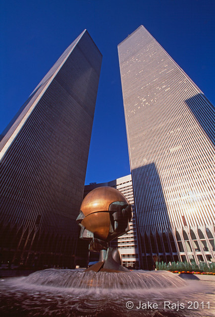 The Sphere by Fritz Koenig, sculpture in World Trade Plaza, destroyed during the September 11 attacks, now in Battery Park, Austin Tobin Plaza, Twin Towers, NYC, NY