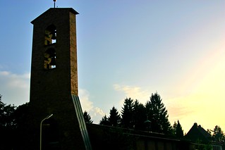 Sunset over the oddly shaped church