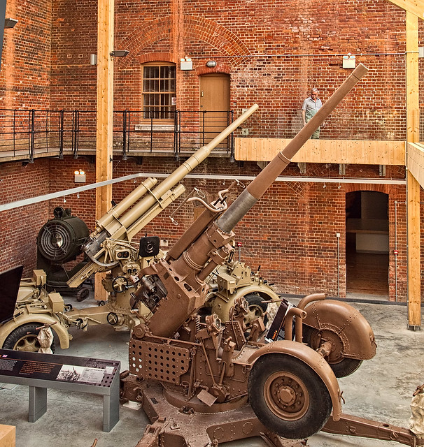 Two WWII anti-aircraft guns in the Royal Ordnance Museum at Fort Nelson, Hampshire