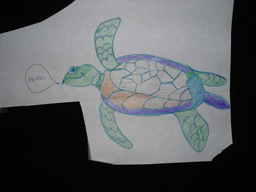 Turtle saying hello, by Crane-Station on flickr. Jail art, colored pencil.