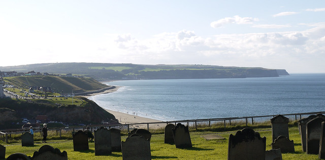 View from the ruins of Whitby Abbey down to the beach.