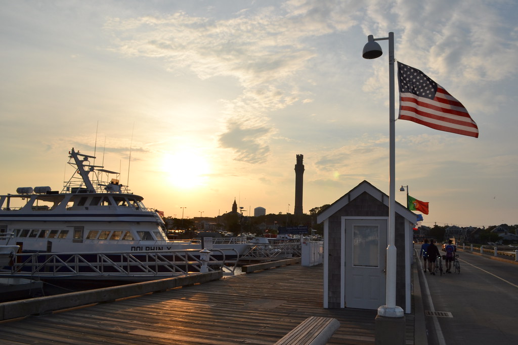 American Flag waving on the dock in Cape Cod Provincetown