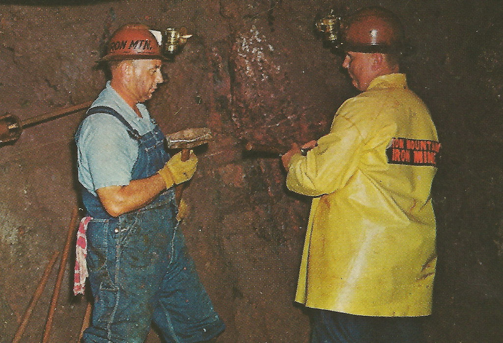 IRON Michigan Mining History Iron Mine Hancock Iron Mountain MI Miners Miners with Water Liner Drill and Double Jack Mining Method Hand Tools Postmarked Card 207242