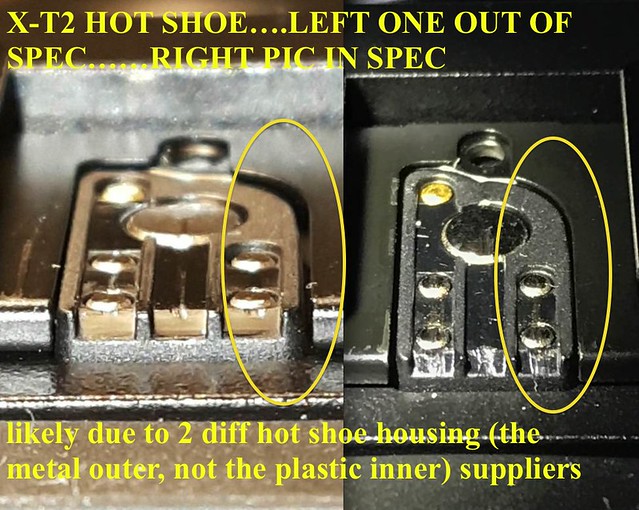 XT2 hot shoe housing (metal outer section, not plastic inner) OUT of specification likely due to 2 diff. part suppliers