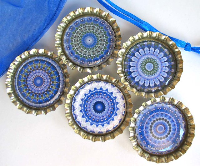 5 Blue Purple and Green Kaleidoscope Mandala Bottlecap Magnets