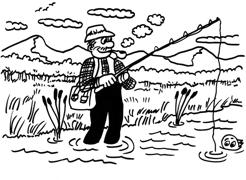 Cartoon Fisherman, Cartoon man fishing in a mountain stream…