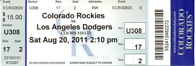 August 20, 2011, Los Angeles Dodgers at Colorado Rockies, Coors Field, Denver - Ticket Stub
