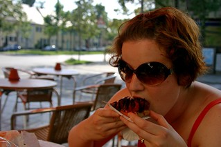 Emily eating a Zwetschgendaschi