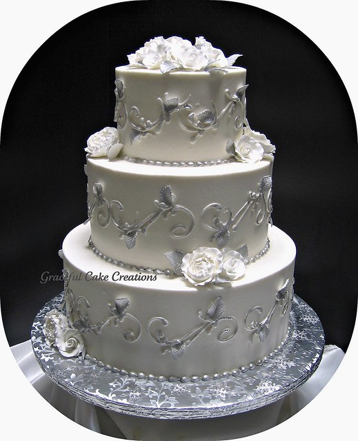 Elegant Silver and White Wedding Cake
