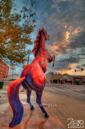 sunset sculpture horse usa art oklahoma clouds nikon downtown arts sunsets places durant blaze hdr 2011 photomatix d5000 rrac nikond5000 durantpaintedhorses jackalanousey redriverartscouncil