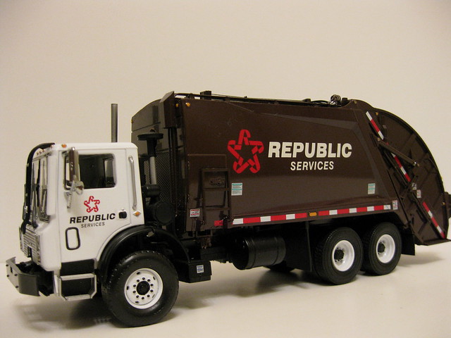 First Gear Republic Services rear load garbage truck.