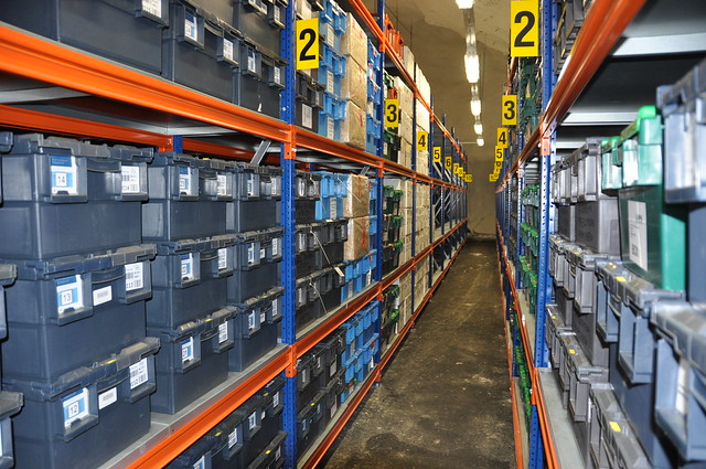 Seed boxes from many gene banks and many countries stored side by side on the shelves in the Seed Vault