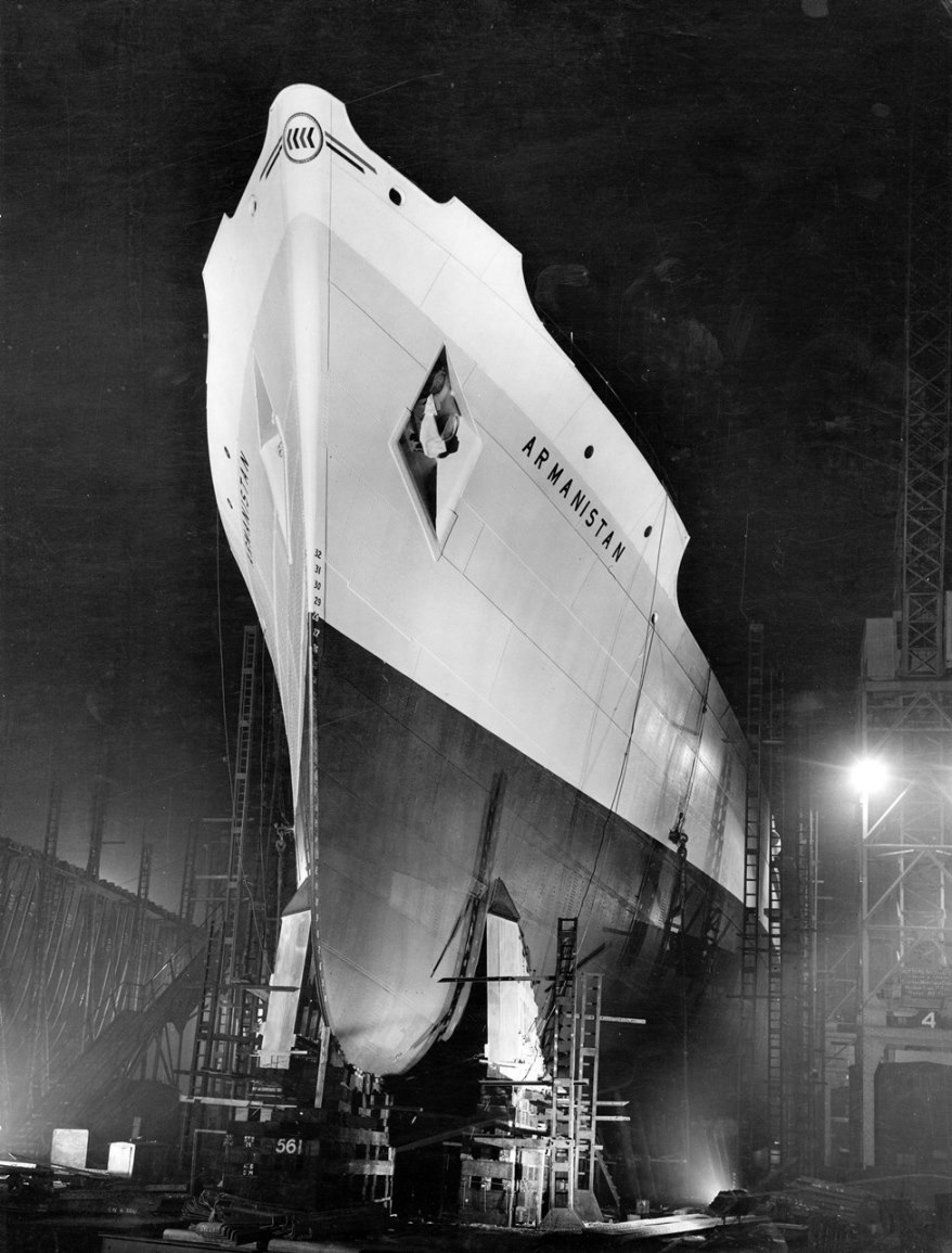 The cargo ship 'Armanistan' at night