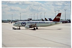Airbus A320 (D-ALTD) from LTU in Hertha BSC Berlin livery at Munich International Airport, Bavaria, Germany