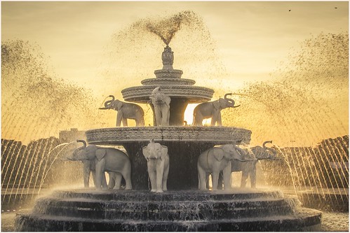 myanmar yangon burma fountain elephant elephants water park peoplespark sunset latelighting